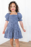 Blue Little Girl Puff Sleeve Leopard Print Empire Dress TZ61516-5
