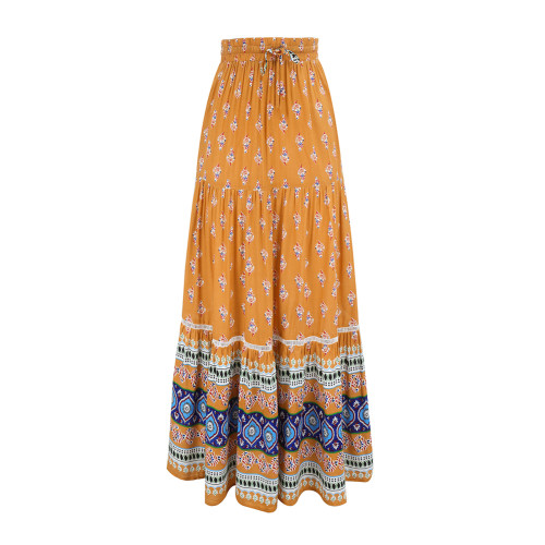 Yellow Floral Print Elastic Waist Pocket Midi Skirt TQV360006-7