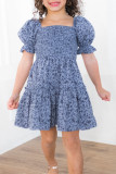 Blue Little Girl Puff Sleeve Leopard Print Empire Dress TZ61516-5