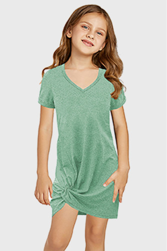 Green Little Girls' V Neck T-shirt Mini Dress with Twist Hem TZ61107-9