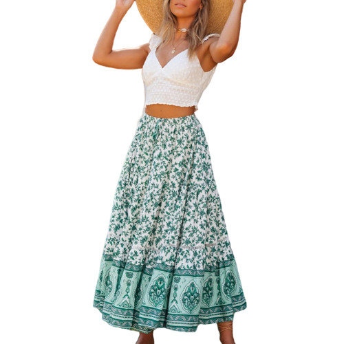 Green Floral Print Elastic Waist Pocket Midi Skirt TQV360006-9