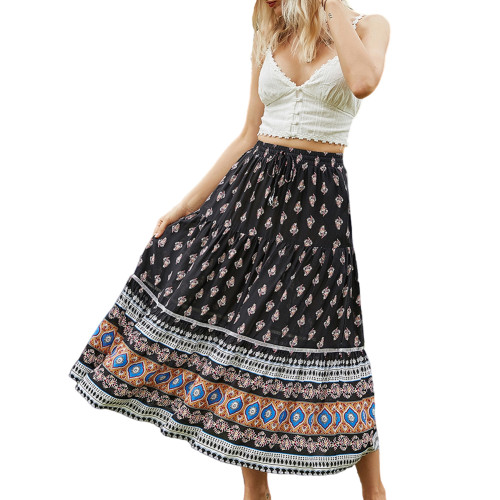 Black Floral Print Elastic Waist Pocket Midi Skirt TQV360006-2
