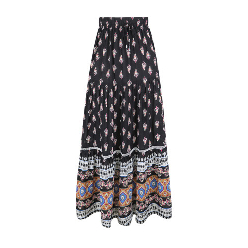 Black Floral Print Elastic Waist Pocket Midi Skirt TQV360006-2