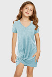 Sky Blue Little Girls' V Neck T-shirt Mini Dress with Twist Hem TZ61107-4