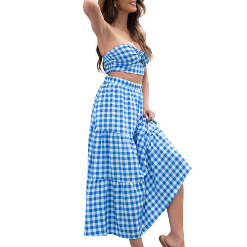 Blue Fashion Plaid Print Beachwear Layered Skirt TQV360012-5
