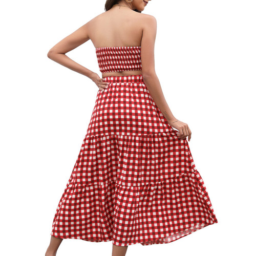 Red Fashion Plaid Print Beachwear Layered Skirt TQV360012-3