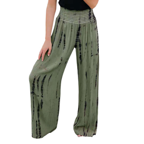 Green Printed Pocketed High Waist Wide Leg Pants TQV510003-9