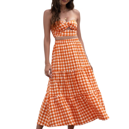 Orange Fashion Plaid Print Beachwear Layered Skirt TQV360012-14