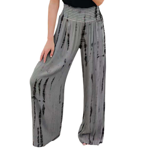 Gray Printed Pocketed High Waist Wide Leg Pants TQV510003-11