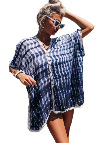 Blue Tie-dye Batwing Sleeves Beach Cover up LC421496-5