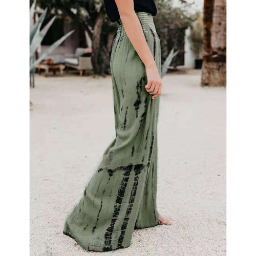 Green Printed Pocketed High Waist Wide Leg Pants TQV510003-9