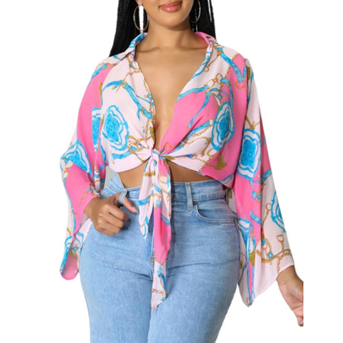 Pink Printed Tie Front V Neck Long Sleeve Blouse TQV220012-10