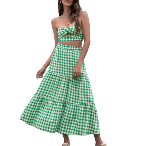 Green Fashion Plaid Print Beachwear Layered Skirt TQV360012-9