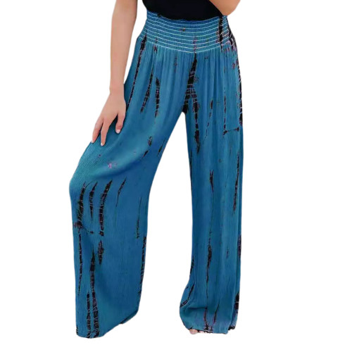 Blue Printed Pocketed High Waist Wide Leg Pants TQV510003-5