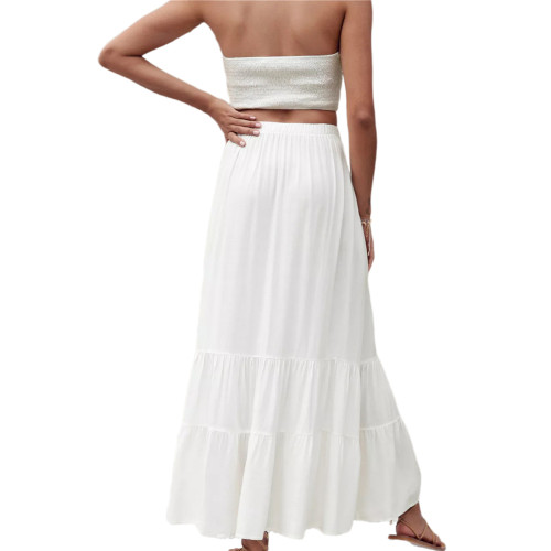 Solid White Ruffle Hem Beachwear Maxi Skirt TQV360011-1