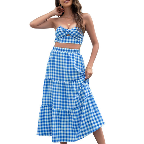 Blue Fashion Plaid Print Beachwear Layered Skirt TQV360012-5