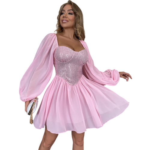 Pink Slim Fit Square Neck Party Dress TQK311028-10