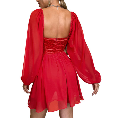 Red Slim Fit Square Neck Party Dress TQK311028-3