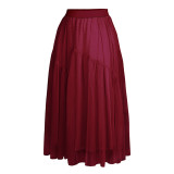 Burgundy Elastic Waist Elegant Swing Midi Skirt TQV360014-23