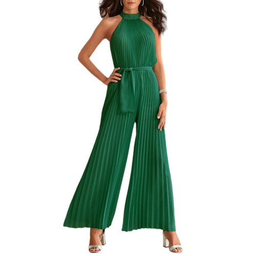Green Sleeveless Halter Belt Wide Leg Jumpsuit TQK550319-9