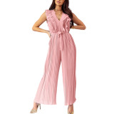 Pink Ruffle Sleeveless Wide Leg V Neck Jumpsuit TQK550320-10