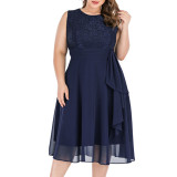 Navy Blue Lace Splicing Chiffon Sleeveless Plus Size Dress TQK311029-34