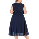 Navy Blue Lace Splicing Chiffon Sleeveless Plus Size Dress TQK311029-34