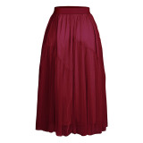 Burgundy Elastic Waist Elegant Swing Midi Skirt TQV360014-23