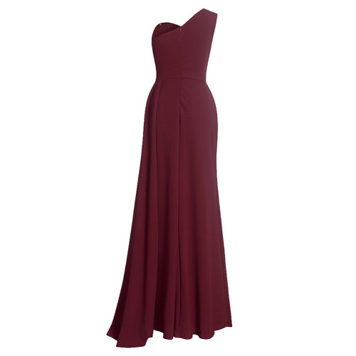 Wine Red Splicing Sequined One-shoulder Plus Size Evening Dress TQK311030-23