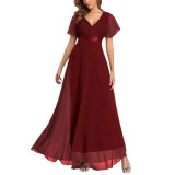 Burgundy V Neck High Waist Swing Bridesmaid Dress TQK311075-23