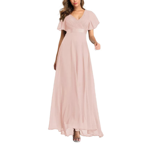 Pink V Neck High Waist Swing Bridesmaid Dress TQK311075-10