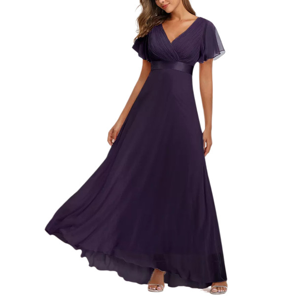 Dark Purple V Neck High Waist Swing Bridesmaid Dress TQK311075-35