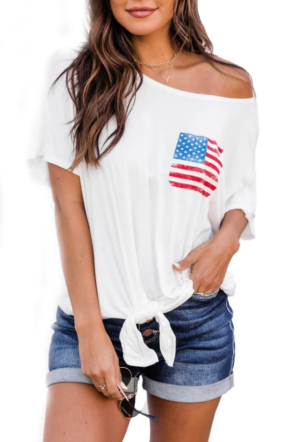 White Patriotic Flag Print Short Sleeve Top with Tie Hem LC25114679-1
