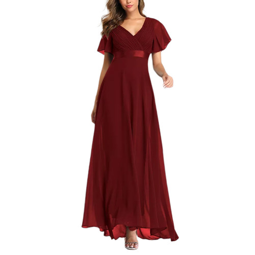 Burgundy V Neck High Waist Swing Bridesmaid Dress TQK311075-23