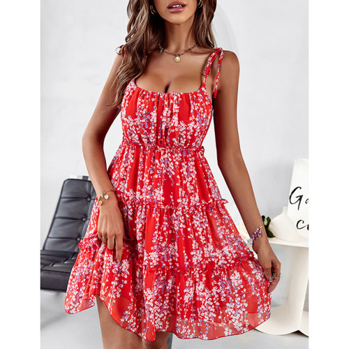 Red A-line Layered Chiffon Floral Dress TQK311071-3