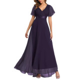 Dark Purple V Neck High Waist Swing Bridesmaid Dress TQK311075-35