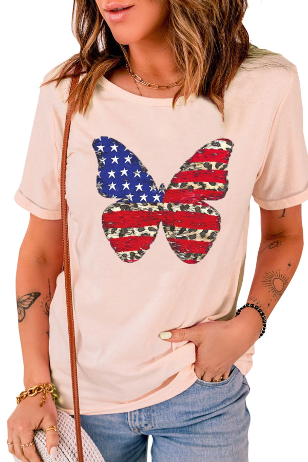Pink American Flag Leopard Butterfly Print Crew Neck Graphic Tee LC25217107-10