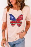 Pink American Flag Leopard Butterfly Print Crew Neck Graphic Tee LC25217107-10