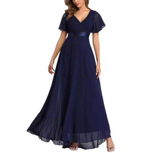 Navy Blue V Neck High Waist Swing Bridesmaid Dress TQK311075-34