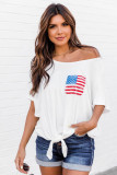 White Patriotic Flag Print Short Sleeve Top with Tie Hem LC25114679-1