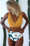Yellow Solid V-Neck Scalloped Floral Bikini LC433326-7
