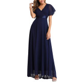 Navy Blue V Neck High Waist Swing Bridesmaid Dress TQK311075-34