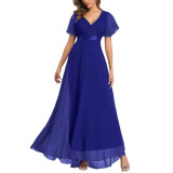 Blue V Neck High Waist Swing Bridesmaid Dress TQK311075-5