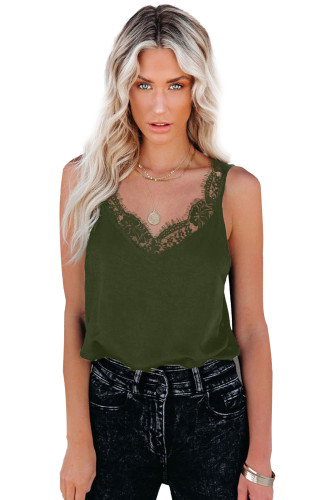 Green Solid Lace Splicing Tank Top LC2564991-9