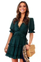 Green Ruffled V Neck Puff Sleeve Hollow-out Back Swing Short Dress LC226083-9