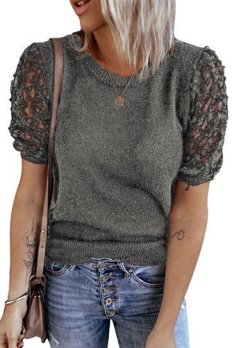 Gray Sheer Sleeve Knit T-shirt LC2514888-11