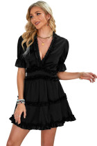 Black Ruffled V Neck Puff Sleeve Hollow-out Back Swing Short Dress LC226083-2