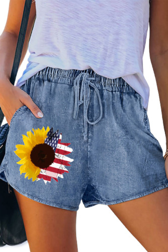 Sky Blue American Flag Sunflower Print Drawstring Denim Shorts LC787093-4