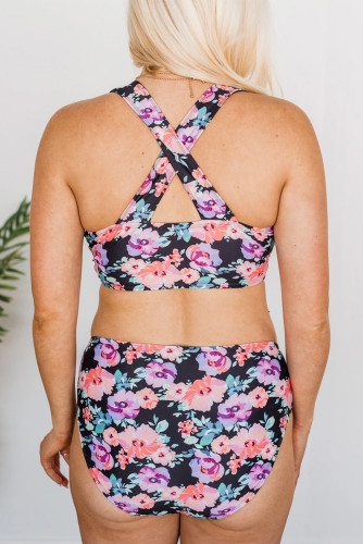 Black Crisscross Floral Print Bikini Swimwear LC433311-2