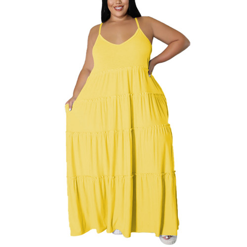 Light Yellow Pocket Casual Plus Size Long Dress TQK311079-42